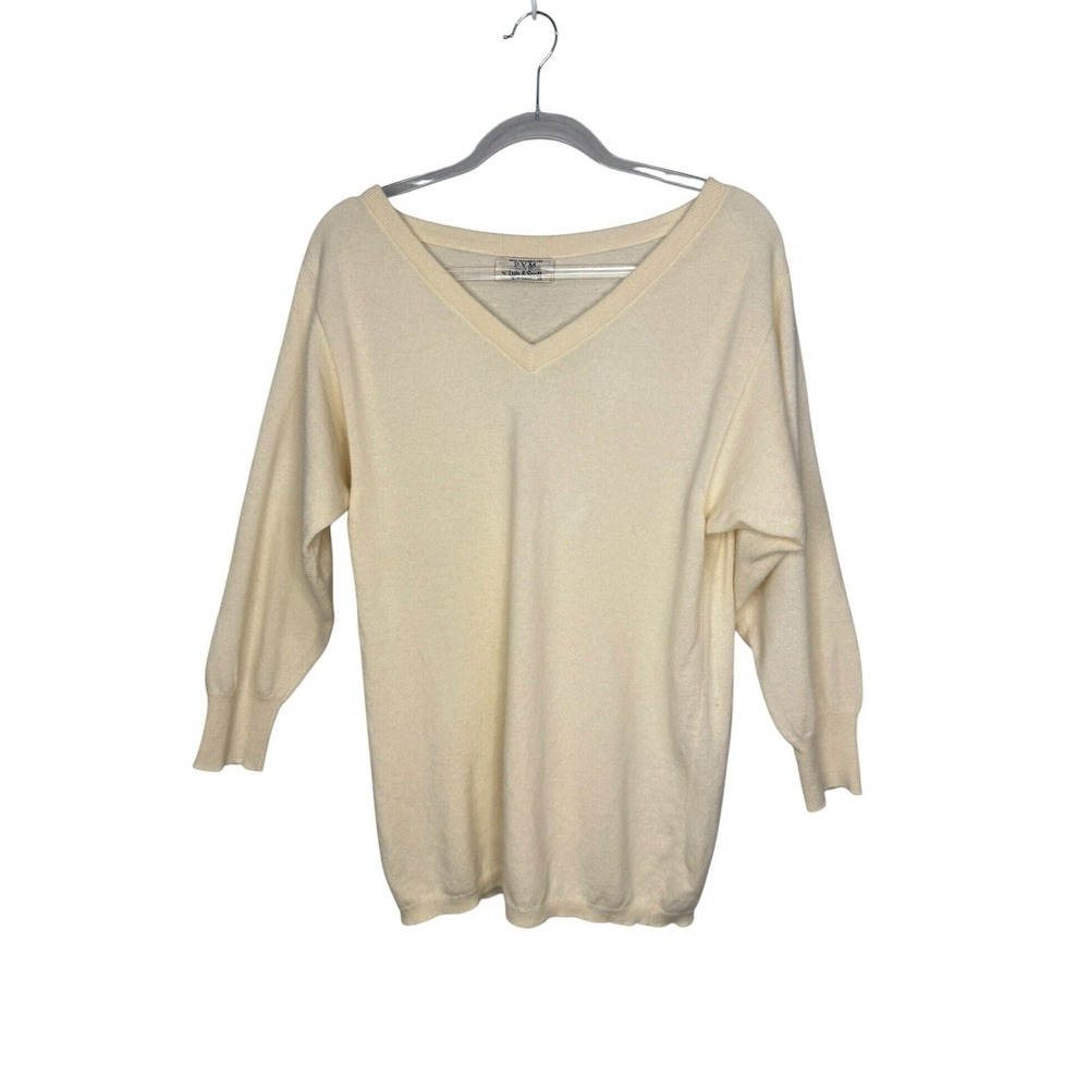 Lyle & Scott 100% Cashmere Sweater Women's M Ivory V- Neck Made in Scotland